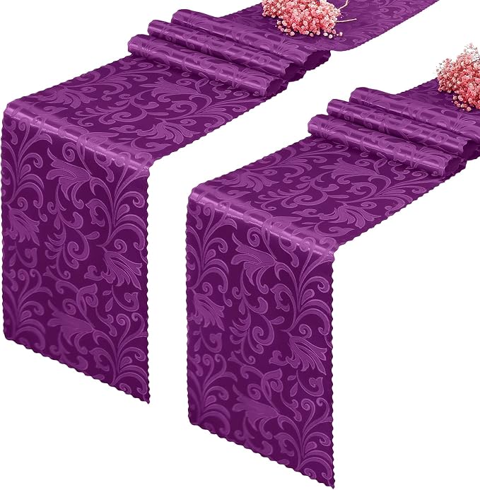 2 Pack Purple Damask Satin Table Runner 12 x 108 Inch | Bright Smooth Damask by Eychei