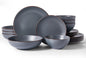 Famiware Venus Speckled Dinnerware Set with Pasta Bowls, Service for 4 (16 Pieces), Stoneware Plates and Double Bowls Sets, Microwave & Dishwasher-Safe Dishes with Trim, Matte Charcoal