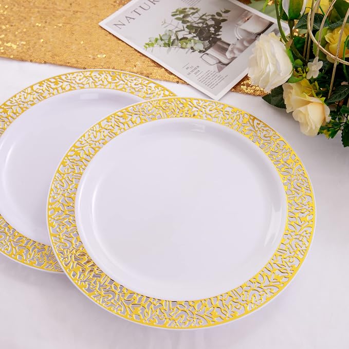 100pcs Gold and White Plates, Heavy Duty Disposable Wedding Plates | elegant - Image 3