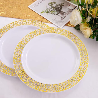 100pcs Gold and White Plates, Heavy Duty Disposable Wedding Plates | elegant - Image 3