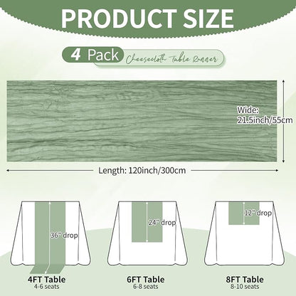 4 Pack Sage Green Cheesecloth Table Runner 10Ft, Gauze Table Runners 21.5 x 120 - Image 2