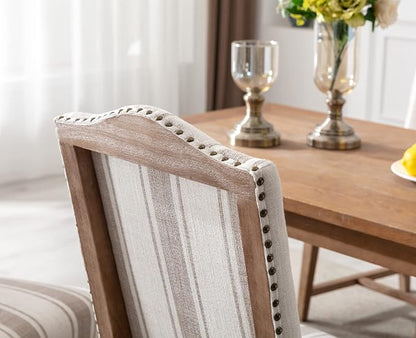 CIMOTA Mid Century Modern Dining Chairs Set of 4, Farmhouse Upholstered Dining Room Chairs Comfortable Kitchen Side Chairs with High Back/Natural Solid Wood Frame, Linen Brown/Beige Stripe