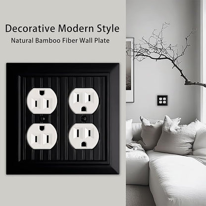 Beadboard Outlet Covers Wall Plates, Bamboo Fiber Light Switch Covers, Natural Material Electric Receptacle Decorative Switch Plate Outlet Cover Matte Black (2 Gang Duplex 2 Pack)