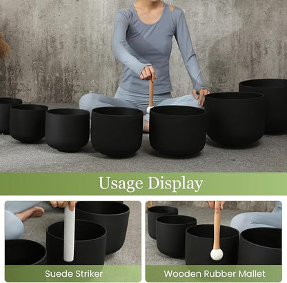 432HZ 6-12 Inch 7 Pcs Black Frosted Crystal Singing Bowl Set for Meditation Healing Yoga Chakra Quartz Crystal Sound Bowls with Heavy Duty Carry Cases and Rubber Mallet,Suede Striker,O-rings