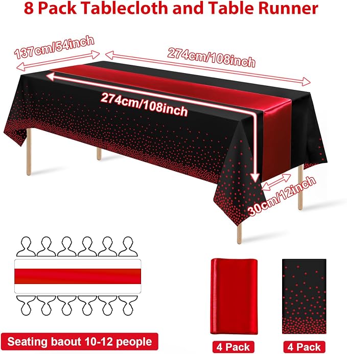 8Pack Disposable Plastic Party Tablecloths and Satin Table Runner Set Black and - Image 2
