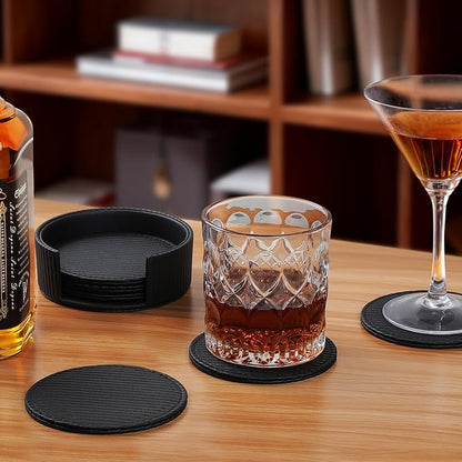 6 Pcs Premium Leather Coasters with Holder, Tabletop Protection, Coffee Table & Bar Decoration, Modern-Style Drink Coasters Suitable for Home Dining Tables & Kitchen Accessories (Black Stripe)