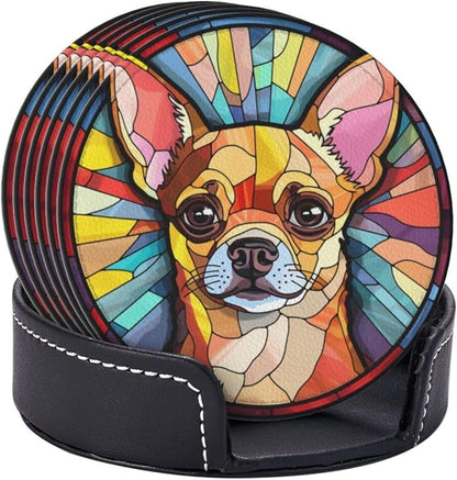 Drink Coaster Set of 6, Chihuahua Dog Mom Lover Gift,Leather Drink Coasters with Holder,6 Pack Cup/Bar/Drink Coasters for Table/Drinks/Coffee Protection Housewarming Gift