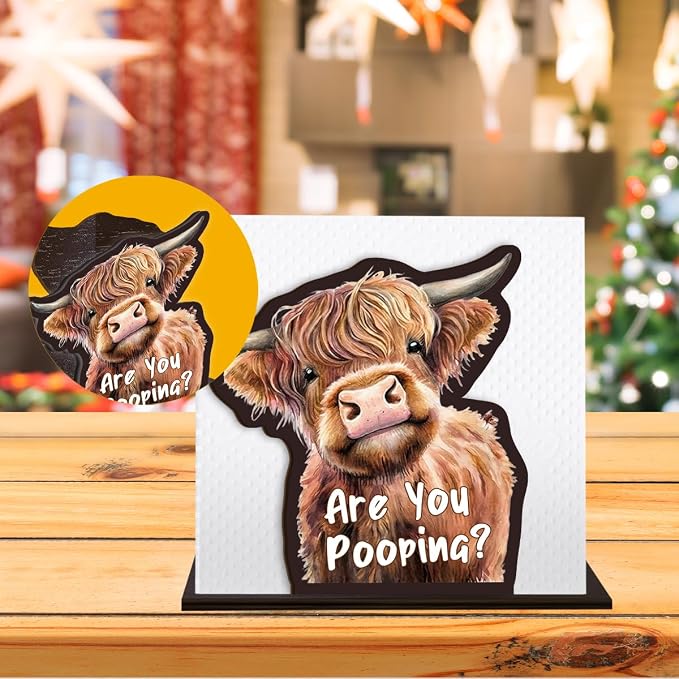 Cute Wooden Napkin Holder Highland Cow Design Farmhouse Cow Are You Pooping - Image 6