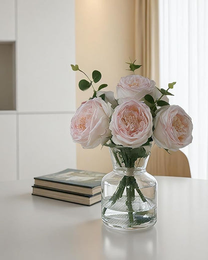 Lifelike Artificial Light Pink Rose Bouquet in Vase - 3D Petals & Stem Design - Table Centerpiece for Wedding, Restaurant, or Home Dining Room