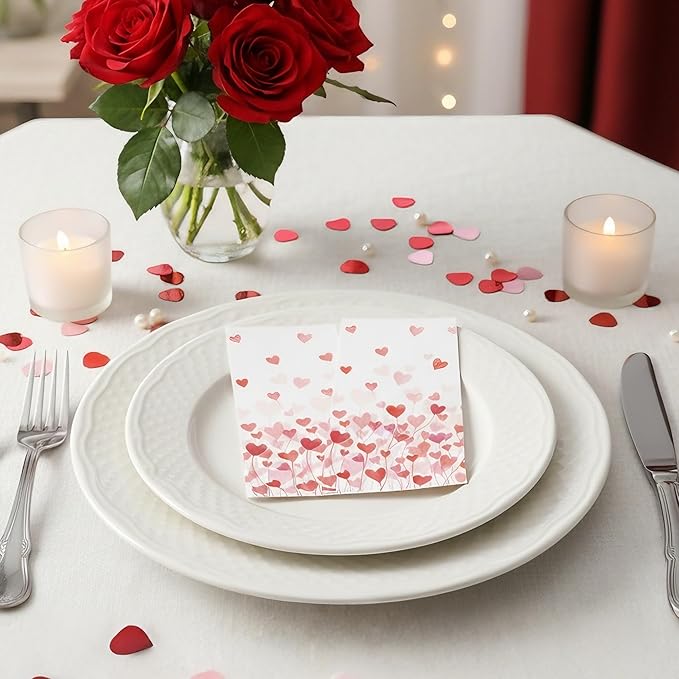 Valentines Day Paper Napkins - 100 Pcs 7.9 x 4.3 In Pink Red Heart Decorative Napkin Sets Disposable, Dinner Guest Party Decorations Supplies Decor for Couples Anniversary Wedding Engagement