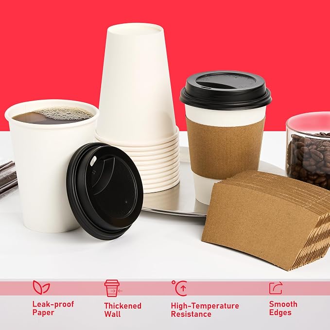 12 oz Paper Coffee Cups with Lids 100 Pack, Disposable Hot Coffee Cups with Lids - Image 6