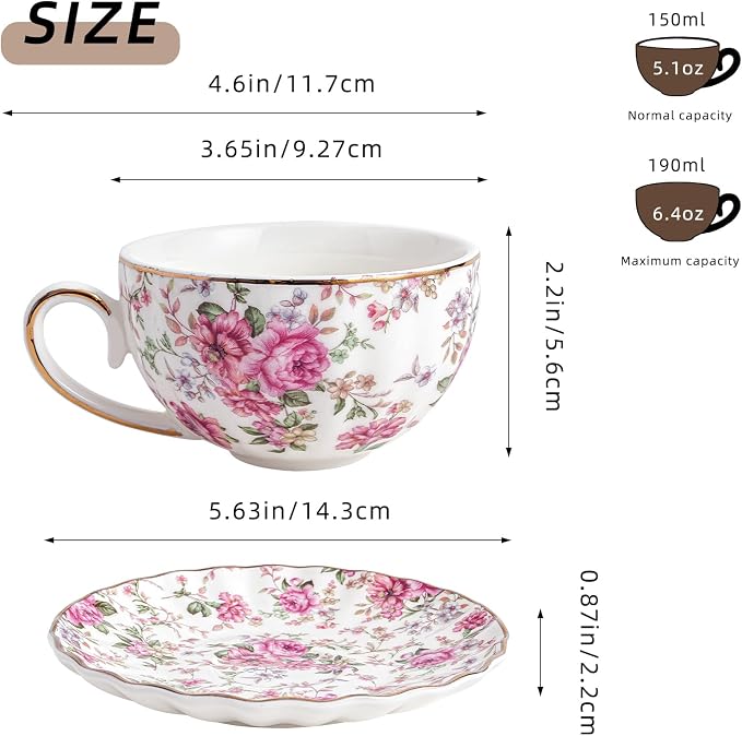 Agyiuns Tea Cup and Saucers, 6.4oz Floral Tea Cups - Image 2