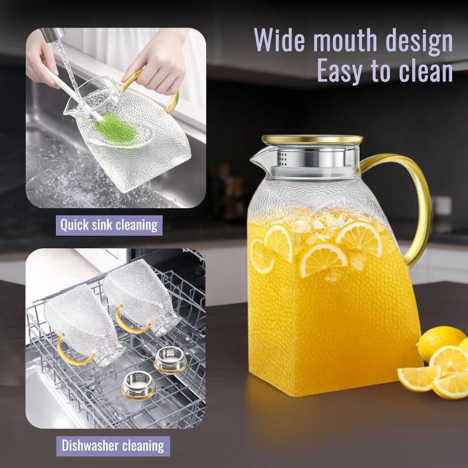 Glass Pitcher With Lid and Spout, 1.8 Liter 60 oz Glass Pitchers With Handle - Image 7