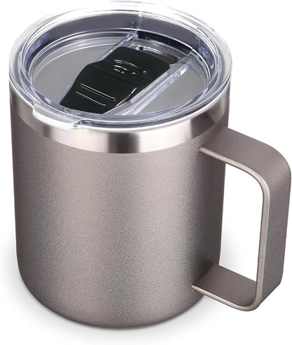 Volhoply 14oz Insulated Stainless Steel Coffee Mug with Leakproof Lid,Double Wall Vacuum Travel Coffee Cup with Handle,Reusable Metal Cups Tumbler, Camping Mugs Keep Hot/Cold,Ideal Gifts(Gray,1 Set)