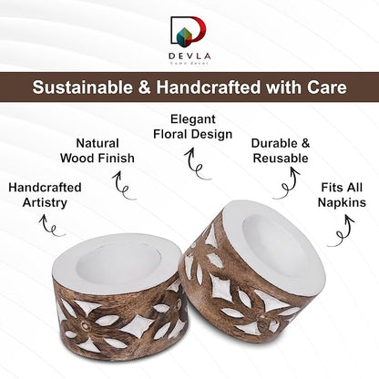 DEVLA Mango Wood Napkin Rings Set, Hand Carved & Hand Painted White Washed, 10 Pieces, Round Table Decor