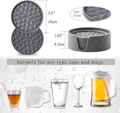 Silicone Coasters for Drinks[6 Pack]- Cup Mat with Holder for Tabletop Protection-Non-Slip, Non-Stick, Coffee Table Decor, Great Gift for Any Occasion, Dark Grey