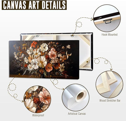 ADJUVANT Wall Art Vintage Floral Bouquet in Vase 60"L x 30"W, Flowers Canvas Painting Botanic Artwork Retro Blossoms Prints Graceful Floral Wall Decor for Living Room Bedroom Dining Room Home Office
