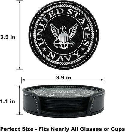 US Navy Leather Coaster Set - 4 Premium Coasters with Hot Stamped Foil Logo - Disabled Vet Owned Business-Navy Leather Coasters