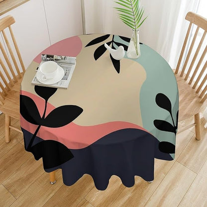 Medieval Bohemian Abstract Round Tablecloth, Mid Century Modern Leaves Geometric Tablecloth for Home Party Dining Room Kitchen Decor 36Inch(90cm)