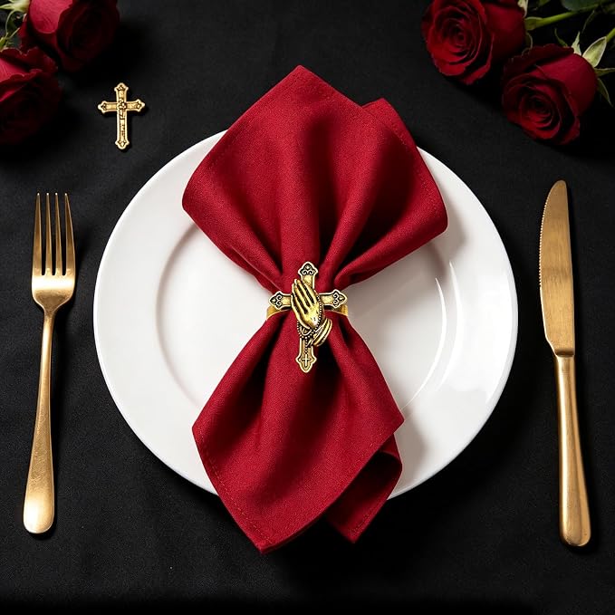 Cross Napkin Rings Set of 12 Antique Gold Praying Hands Napkin Holder - Image 4