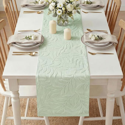 Artoid Mode Sage Green Soft 3D Jacquard Leaves 100%Cotton Spring Table Runner - Image 5