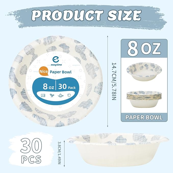 30 Pack Paper Bowls, 8 Oz Disposable Soup Bowl, Heavy Duty Printed Disposable - Image 2