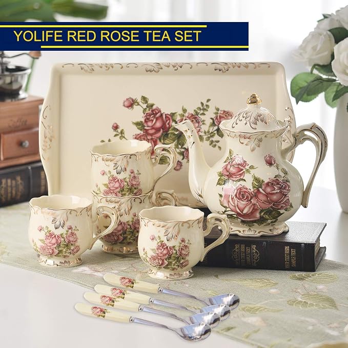 YOLIFE Porcelain Tea Set, Ivory Vintage Pink Rose Teaset | 4 Teacups, 1 Teapot - Image 2