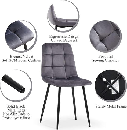 Dining Chair Set of 4,Modern Home Chair Upholstered Velvet Armless Chair,Elegant Velvet Kitchen Chair Plaid Tufted Pattern with Black Metal Legs for Vanity,Dining Room,Grey