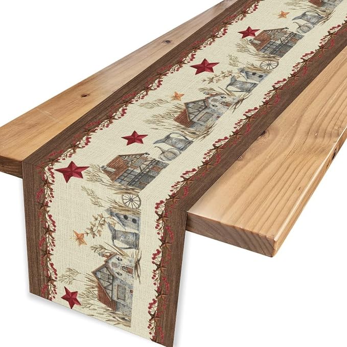 Farmhouse Texas Table Runner, Rustic Western Barn Texas Star Berries Brown - Image 4