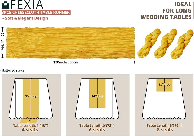 3Pcs Yellow Cheesecloth Table Runner Wedding Baby Shower Home Decor | 35x120 - Image 2