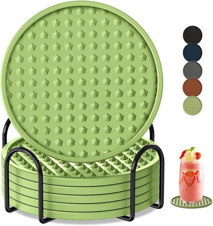 Coasters for Drinks 6 Pack Drinking Coaster with Holder,Heat Resistant Silicone Cup Mat Tabletop Protection,Non-Slip Rubber Coasters for Kinds of Cups (Green)