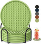 Coasters for Drinks 6 Pack Drinking Coaster with Holder,Heat Resistant Silicone Cup Mat Tabletop Protection,Non-Slip Rubber Coasters for Kinds of Cups (Green)