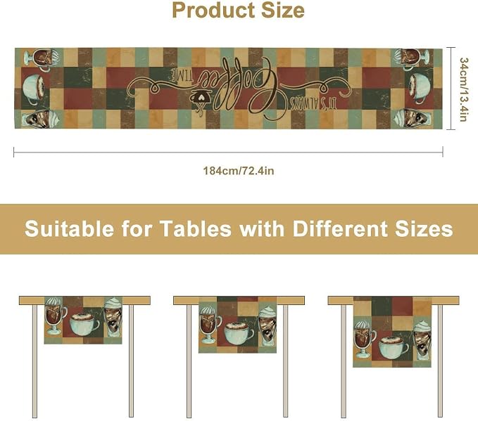 Coffee Theme Table Runner, Rustic Coffee Time Cafe Cup Latte Cappuccino Tea - Image 5