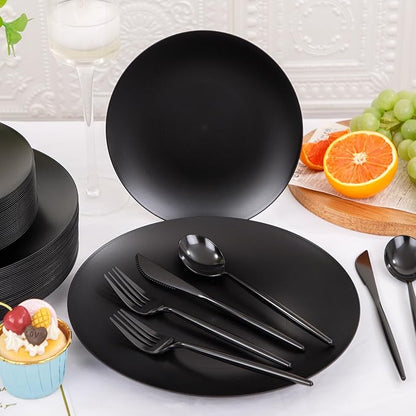 EI 150pcs Black Plastic Plates Frosted Plastic Plate,Premium Heavy Duty Black Plastic Plates,Black Disposable Plates with Plastic Silverware,10.25" Dinner Plates and 7.5" Dessert Plate Wedding Party