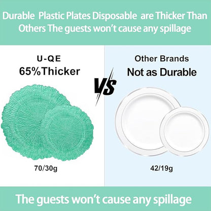 U-QE 60PCS Green Plastic Plates - Clear Plastic Plates Disposable Heavy Duty - Green Disposable Plates Include 30PCS 10inch & 30PCS 7inch for Party&Wedding