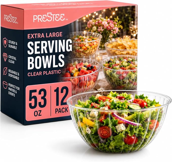 Prestee 12 Pack Clear Plastic Serving Bowls - 53 Oz Round Reusable and by Prestee