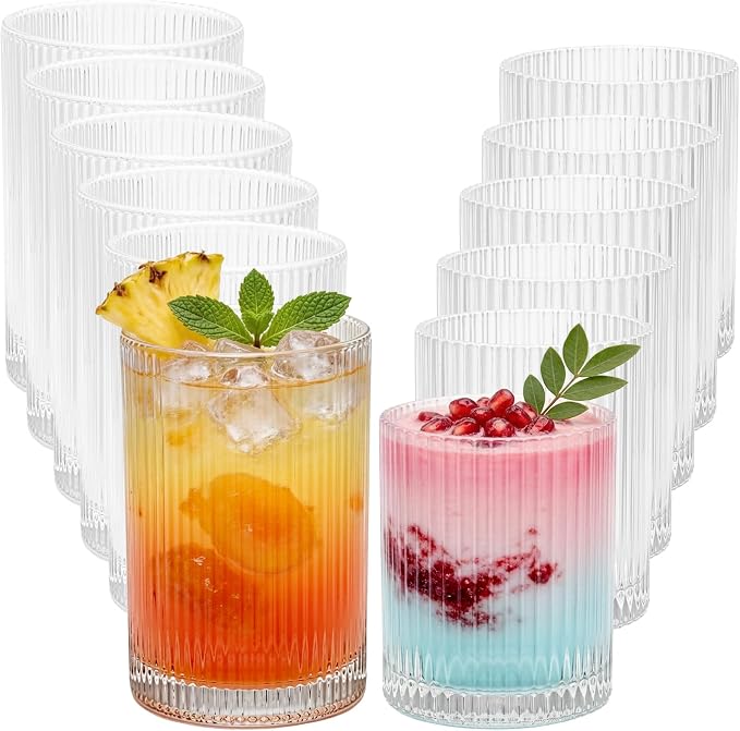 14 oz & 18 oz Ribbed Drinking Glasses Set of 12, Vintage Iced Coffee Cups by XKXKKE