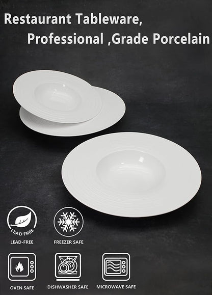 Ceramic Wide Rimmed Soup Plate, Soup Bowl 8 oz, Pasta Bowl Set of 4, White Shallow Bowl Plate with Rim, Best choice for high-end restaurants, hotels, and foodies, 9.6 Inch Coil relief