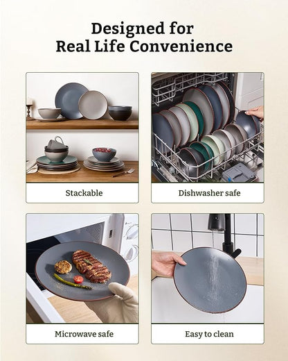 Famiware Venus Plates and Bowls Sets, 18 Pieces Stoneware Dinnerware Sets, Speckled Dishes Set for 6, Microwave and Dishwasher Safe, Matte Charcoal