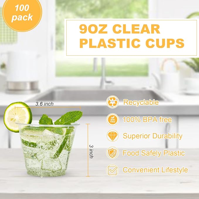 TashiBox 9 oz Disposable Plastic Cups, Crystal Clear - Image 2