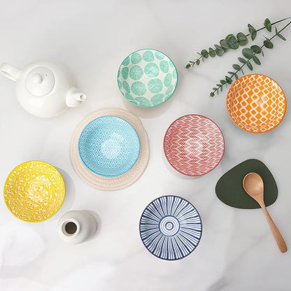 KitchenTour Ceramic Bowls Set - 10 oz Serving Bowls For Kitchen - Cereal, Ice Cream, Soup, Salad, Rice, Dessert Ceramic Bowls - Assorted Colorful Set of 6 - Microwave Dishwasher Safe - 5 Inch