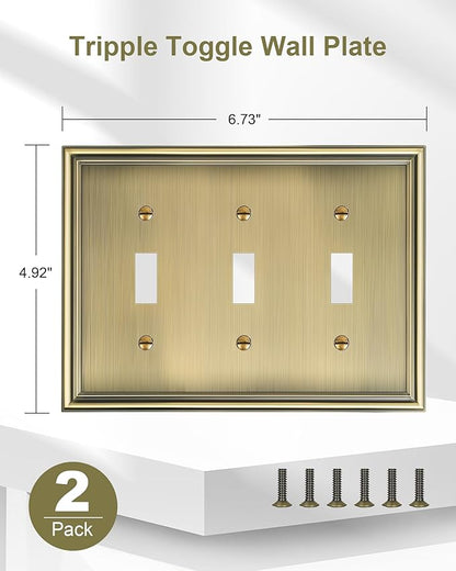 2-Pack Triple Toggle Light Switch Cover Plate, Durable Solid Zinc Alloy Decorative Switch Plate Covers, Antique Brass 3 Gang Wall Plate, Corrosion Resistant