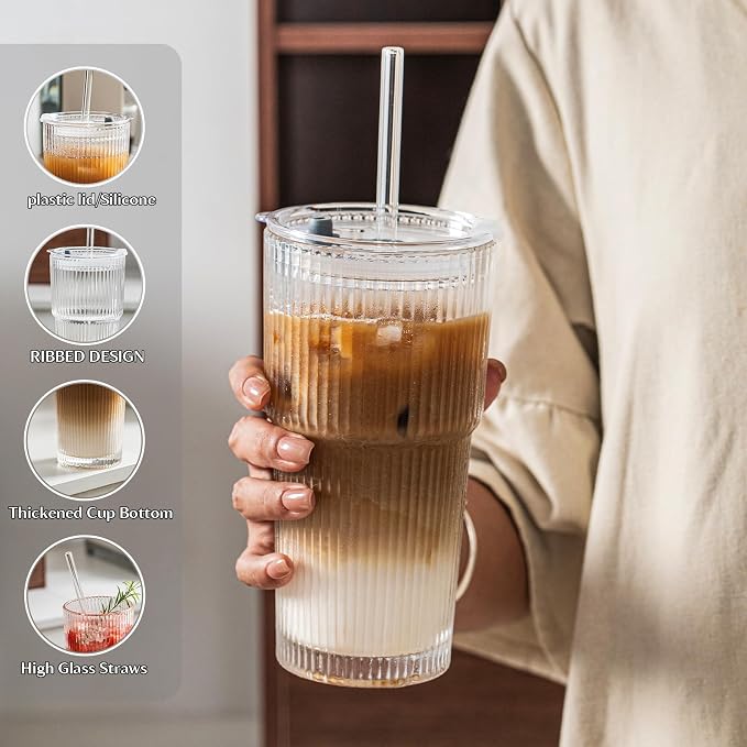INSETLAN 20 oz Ribbed Glass Tumblers - Image 4