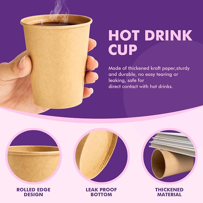 8 oz 500 pack Coffee Cups, Disposable Paper Cups, Sturdy Kraft Leak-Proof - Image 3