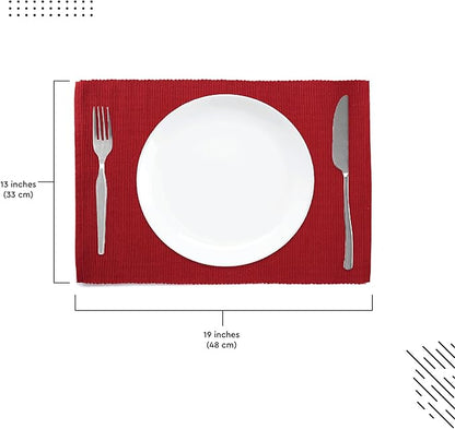 Encasa XO Dining Placemat Set of 6 | Solid Red Color | Fine Ribbed Cotton Table mat | Size 19x13 in | Machine Washable