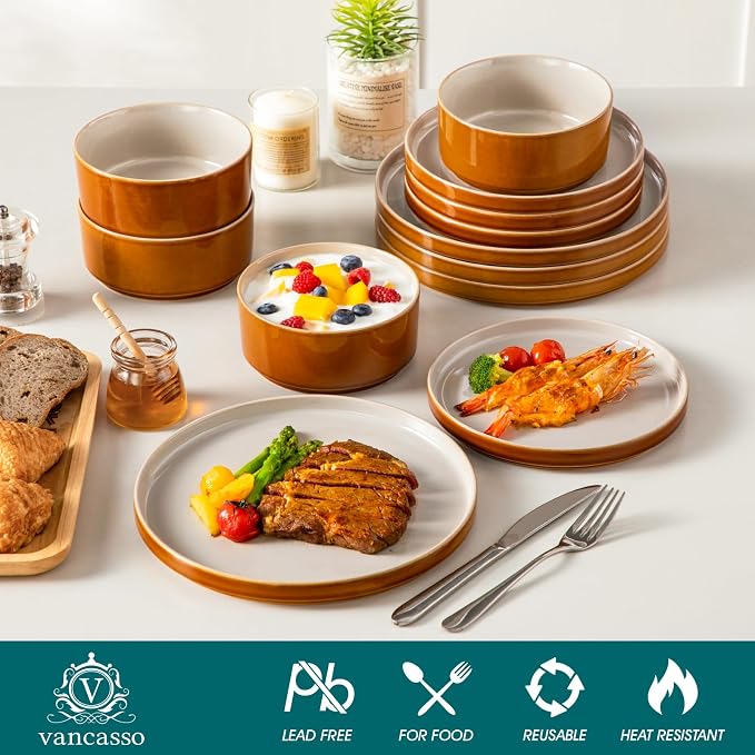 vancasso ONION Ceramic Plates and Bowls Sets, 12 Pieces Grey Dinnerware Sets - Image 3