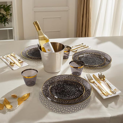 DaYammi 60 Pieces Black Gold Plastic Plates - 10 inch Clear Dinner Plates - Hammer Pattern Design - Fancy Clear Black and Gold Disposable Plates for Party and Wedding