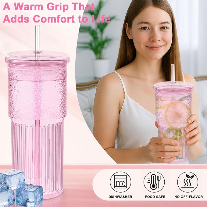 Luiaiog Glass Cups with Lids and Glass Straws, High Borosilicate 20OZ Pink - Image 3