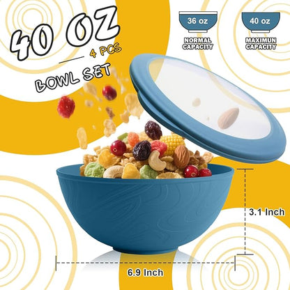 Wheat Straw Bowls Set with Lids, Unbreakable 40 OZ Cereal Bowls Set of 4, Salad Container for Lunch, Microwave & Dishwasher Safe Bowl Set for Kitchen, Picnic, RV, Camping, Multi