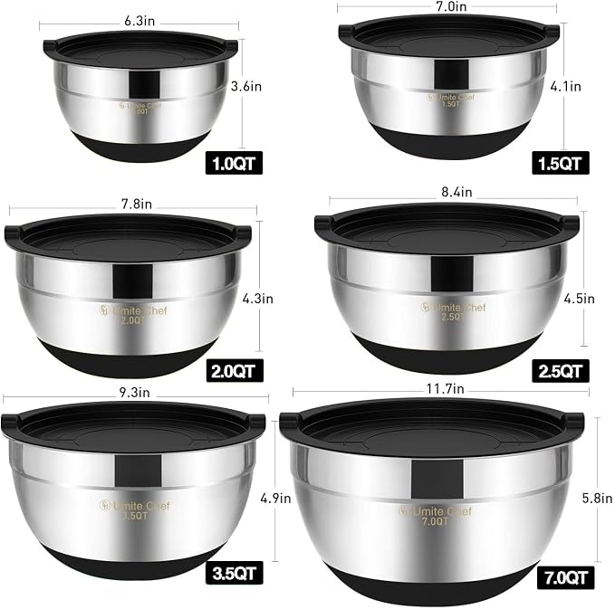 Umite Chef Mixing Bowls with Airtight Lids，6 piece Stainless Steel Metal - Image 4